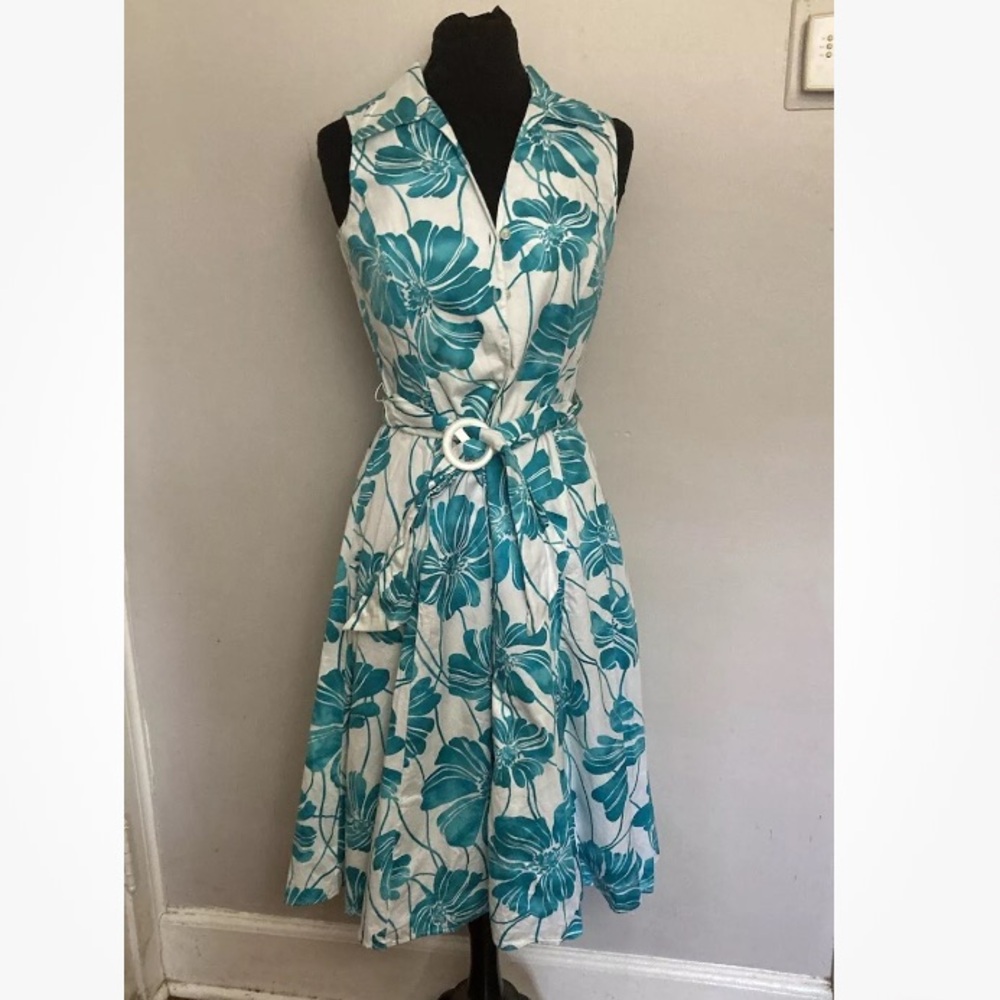 2-22 Jones New York White dress Tropical 6 Belted Retro Vibes Glam Mod